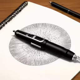 a pen laying on top of a drawing pad with a ball point pen
