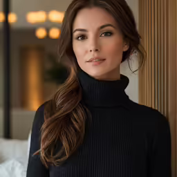 young lady with long brown hair in black sweater posing for a photograph