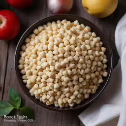 a bowl that has beans in it and a yellow apple on the side
