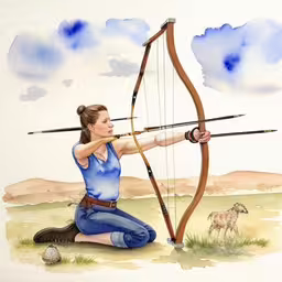 a watercolor painting of a girl shooting an arrow with a pony tail,a painting of a girl kneeling down with her bow aiming a cow