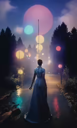 the woman stands alone on a dark road near a lot of colored lights