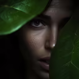 a young woman peeks out behind a green leaf