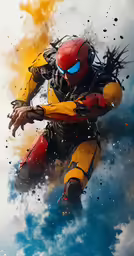 a futuristic looking yellow and black robot is in the clouds
