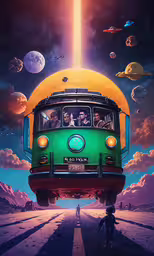 the painting shows an alien bus and some people,a green bus on road with sky and clouds above it