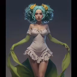 an animated woman dressed in white clothing and gloves