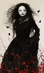 a digital painting of a woman wearing an elegant black dress