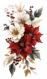 a flower arrangement is shown with holly, red berries and leaves