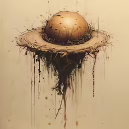 a painting of an egg in the middle of a wood stump