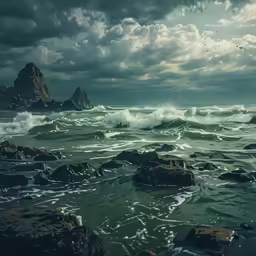 an artistic photo of the ocean and some mountains