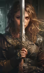 a woman in medieval clothing holding up a sword