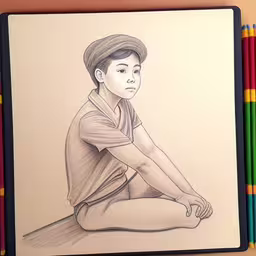 the boy is sitting while wearing a hat and has drawn in pencil,a drawing of a boy with a hat sitting and holding a cigarette