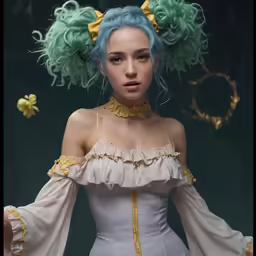 the model has curly hair and pastel blue hair