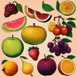 a painting of fruit cut in half and served,some assorted fruit is sitting on a beige background