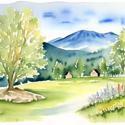 a painting of a hill covered with trees and mountains,a painting of a view of a mountain with houses and trees in front,a watercolor drawing of a landscape, with a tree and buildings,a painting of trees and mountains in the distance,a painting of a grassy field with mountains behind it