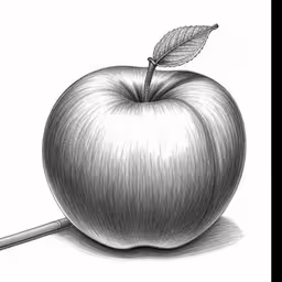 a pencil drawing of an apple with a leaf,an apple has a long branch sticking out of it