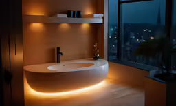 a large bath tub and sink with a light on