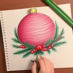 a drawing of a christmas ornament on a notebook with some pencil,someone is drawing something that has a big ball on it,a person using marker to draw a christmas bauble,a person drawing a christmas ornament on paper,someone is drawing a christmas ball with colored pencils