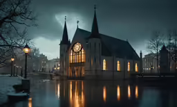 an ornate church lit by lantern under cloudy skies
