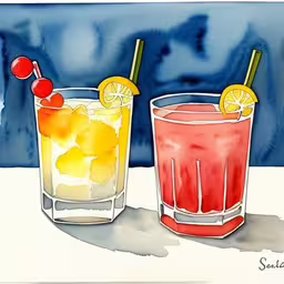 two drinks sitting side by side with a blue background,two drinks sitting on top of a table with watercolor