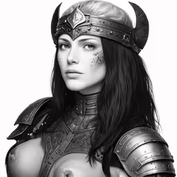 a woman dressed as a warrior poses in black and white