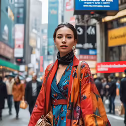 a woman walking down the street with a scarf around her neck