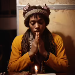 the young woman in this photo has a small lit candle