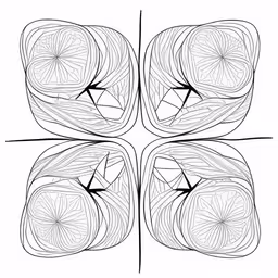 an artistic design of four squares in the middle of each of them, with intersecting circles and,three squares with one section cut open to show the four different parts of the design