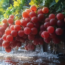 a bunch of berries sit on the stems of trees