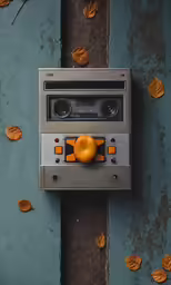 an old metal cassette recorder with oranges in the slot