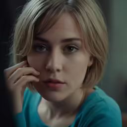 a young blond lady looking concerned in a mirror