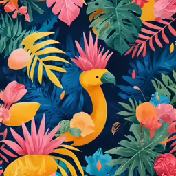 a bright, colorful background with tropical leaves and birds