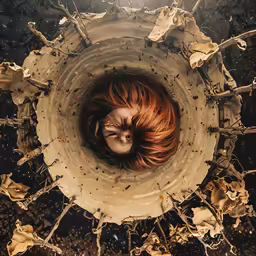 the face of a girl with red hair is seen from above