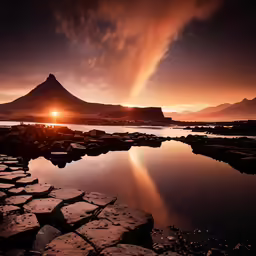 the sun sets over a beautiful mountain with a reflection in water