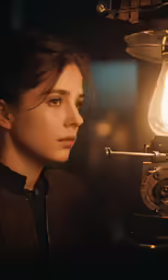 a woman looking at a lamp in a dark room