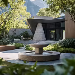 large fountain with a triangular shape in front of a building