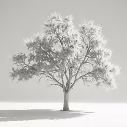 a white tree with black leaves in the snow