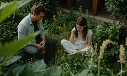 a young couple sit in tall vegetation next to each other