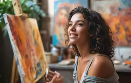 a young woman smiling and holding a paintbrush