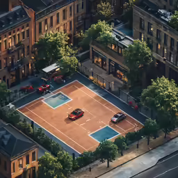 two sport cars parked on a tennis court