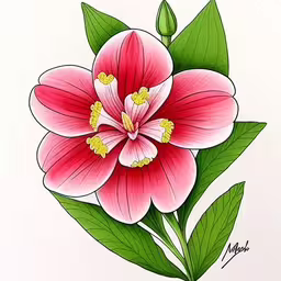a pink flower with green leaves on a white background,a pink flower is drawn with green leaves,a painting of a flower is on a white paper,drawing of flower with two green leaves and one pink flower,a painting of pink flowers with green leaves