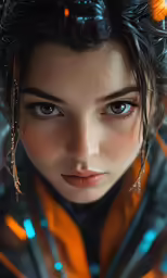 a woman with blue eyes has orange hair