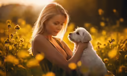 a woman holding a puppy standing in a field of yellow flowers