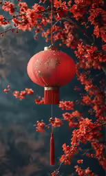 an oriental style lantern hangs in front of blossom - laden tree branches