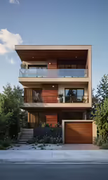 a four story building with a garage and balcony