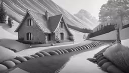 a snow covered country house with snow and trees