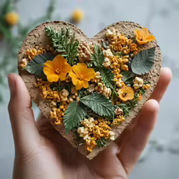 a heart shaped rock made of bread with wild flowers and leaves