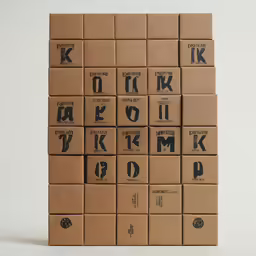 several boxes have black letters on them with black ink