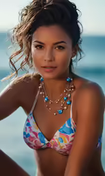 a woman wearing a colorful bikini poses for the camera