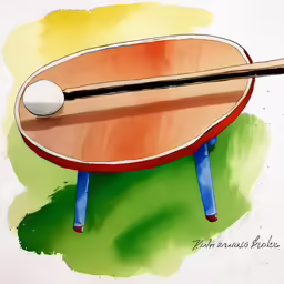 a ping pong paddle in a red table with blue legs