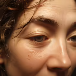 close up of woman with freckles on face looking into camera